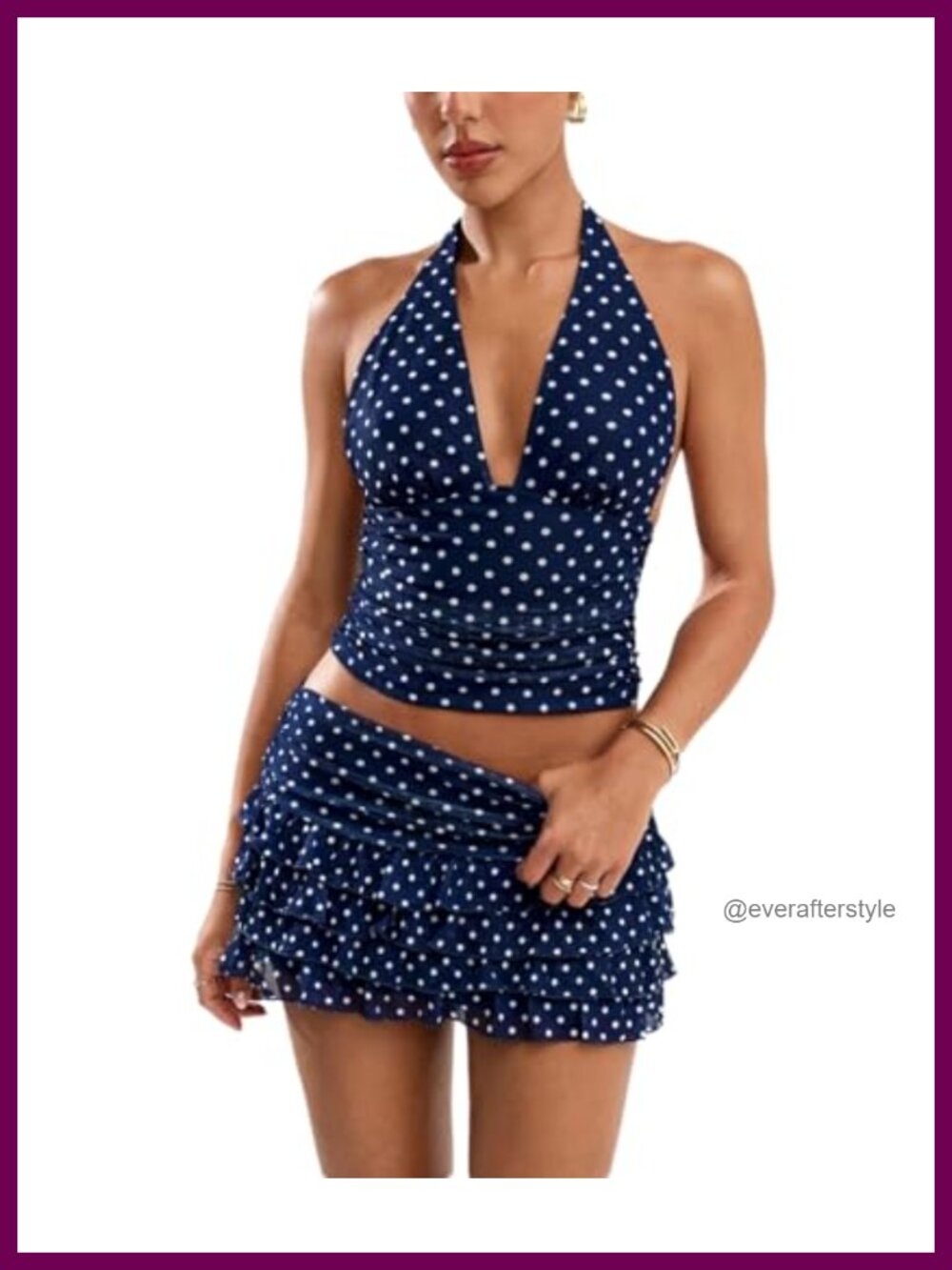 Women Polka Dot 2 Piece Skirt Set Halter V-Neck Top Ruffle Mini Skirt
